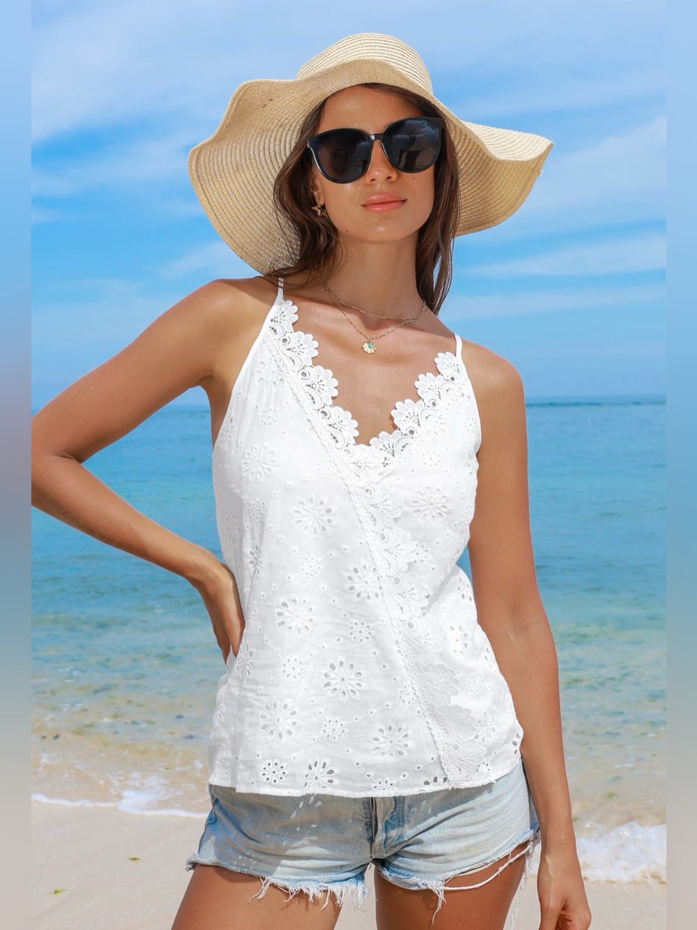 NWT Cupshe White Eyelet Lace Trim Camisole beach top XL - Picture 7 of 11